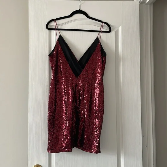 Deep V Neck Backless Sequin Wrap Dress Burgundy SHEIN - Picture 3 of 7